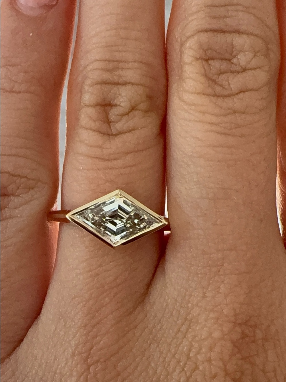 1.53 carat E VVS2 east west lozenge bezel lab diamond solitaire engagement ring